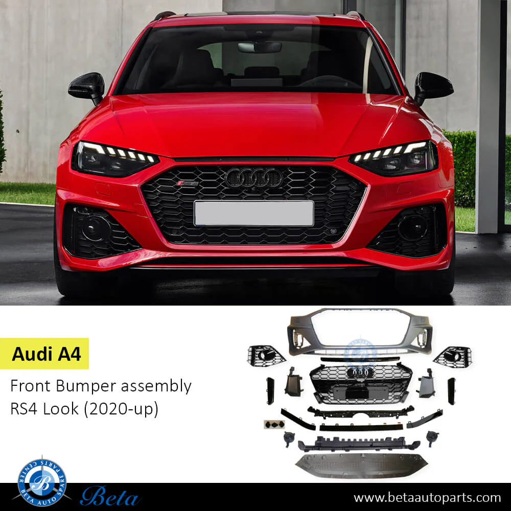 Audi A4 (2020-2024), Front Bumper RS4 Look with PDC, Park Assist and Radiator Grille, China, 8W0807065BK - Image 2